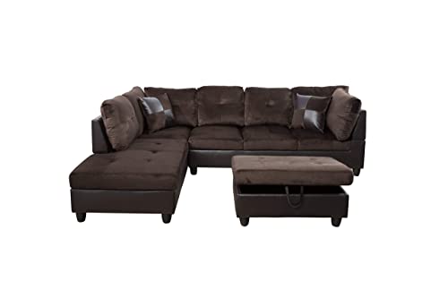 3-Piece Contemporary Sectional Sofa With Chaise And Storage Ottoman For Living Room Furniture | Faux Leather & Microfiber Upholstery|Removable High Density Memory Foam Cushions (Chocolate,Left-Facing) #TOP1