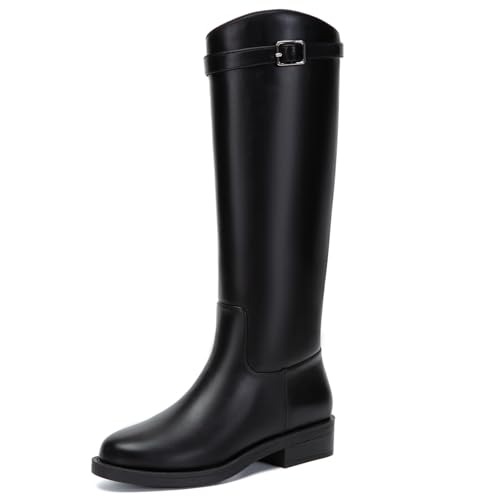 Athlefit Black Knee High Boots for Women Wide Calf Riding Tall Black Boots Low Heel Round Toe Fashion Long Booties Size 8