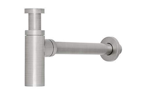 Solid Brass Round Bottle Modern P Trap In Brushed Nickel Finish | Basin Sink Waste Trap Adjustable Drain Tube Kit | UPC/cUPC | Extra Long Bottle | 1-1/4 Inch Inlet | Detachable & Easy Clean