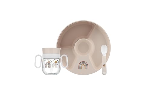Imagen de Mepal Set vajilla para bebé 3 piezas Mio Con taza anti-derrames Plato de bebé y cucharas de bebé Regalo de nacimiento óptimo Apto para lavavajillas Sunshine & Rainbow