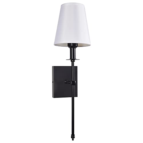 Image of Modern Black Hardwired Wall Sconces Set of 2 Slim with White Fabric Shade,Wall Lighting for Bathroom Vanity Mirror Living Room Dining Entryway Fireplace Mantel Theater Room Bedside