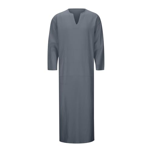 YOUYING Kaftan Thobe Mens Short Sleeve V-Neck Linen Robe Big and Tall Muslim Robe Casual Loose Lightweight Long Sleeping Gown