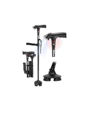 TIRAROME Walking Cane for Men & Women, 3-in-1 Folding Cane with Alarm and Light, 34'-38' Adjustable, Collapsible Walking Stick for Seniors Balance with a Second Handle
