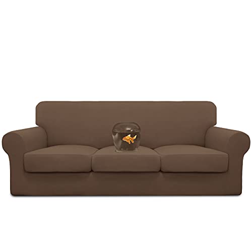 Easy-Going 100% Dual Waterproof Stretch Soft Couch Cover for Dogs, Sofa Slipcover for 3 Separate Cushion Couch Leakproof Furniture Protector for Kids, Pets Brown