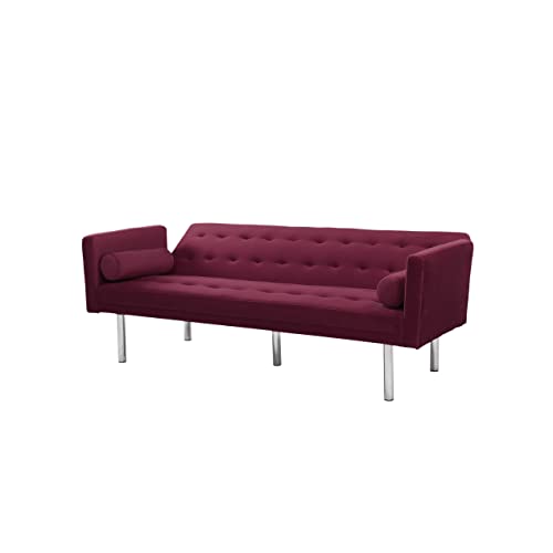 Lch Bed, 68.5" Modern Velvet Convertible Folding Lounge Couch, Upholstered Twin Size Sleeper Sofa With Arm 2 Pillows Split Back Design And Silver Metal Legs For Compact Space, Red #TOP3