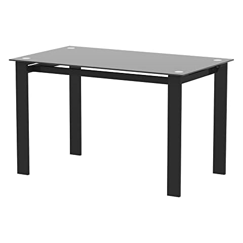 POULEII Glass Dining Table,Modern Minimalist Rectangular Table with Tempered Glass Tabletop and Black Metal Legs for 6-8, Space Saving Dining Table for Kitchen Dining Room Cover