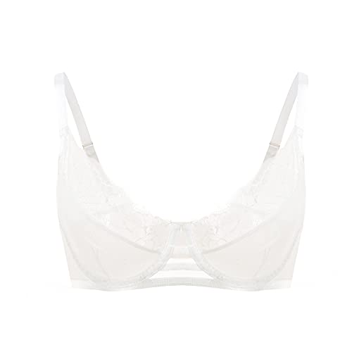 Damen Sheer Mesh Sexy Full Bust Eyelash Lace Floral Plunge Bra Minimizer Ungefüttert Bügel Unwattiert BH, Weiß, 70F Cover