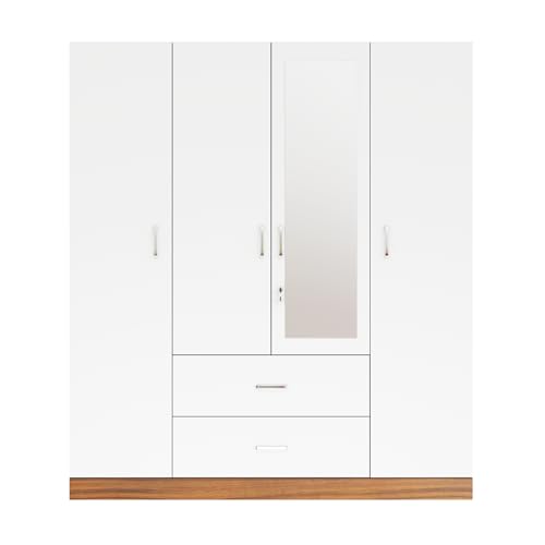 Image of VIKI Wardrobe | Wooden Almirah for Clothes,Door for Bedroom, 4 Door Wardrobe with Drawer, Mirror & Hanging Space (Walnut & White - 40D x 160W x 180H) | 1 Year Warranty | Free Assembly