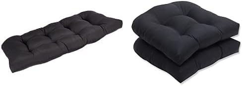 Pillow Perfect Outdoor/Indoor Fresco Tufted Loveseat Cushion, 44" x 19", Black + Outdoor/Indoor Fresco Tufted Seat Cushions (Round Back), 19" x 19", Black, 2 Pack