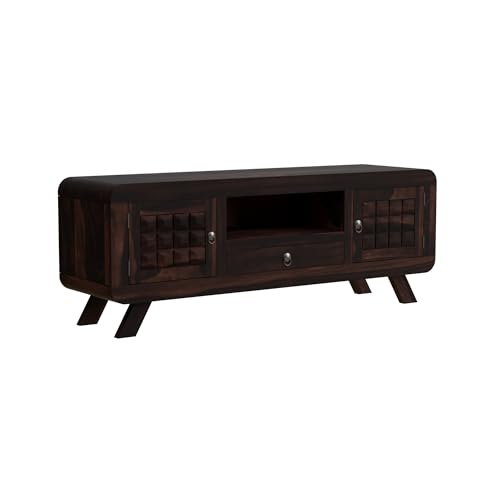 Image of Sheesham Wood Entertainment Tv Unit for Living Room | Free Standing Media Console Movable Tv Cabinet Sideboard | Tv Table Side Board with 2 Doors, 1 Drawer & Open Shelf Storage | Walnut