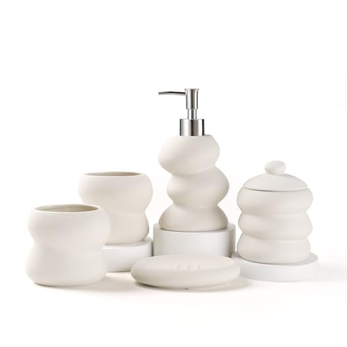 ANTIS'S HOME Keramik Badezimmer Set 5-teilig – Beige, Unregelmäßige Form, Minimalistisches Bad-Accessoires Set mit Seifenspender, Zahnputzbecher, Seifenschale & Wattestäbchenbehälter für modernes Bad