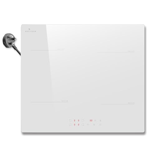 DELITEER Plaque de cuisson électrique à induction avec prise électrique 13 A, 60 cm, 2800 W, contact tactile, verre céramique blanc, 230 V