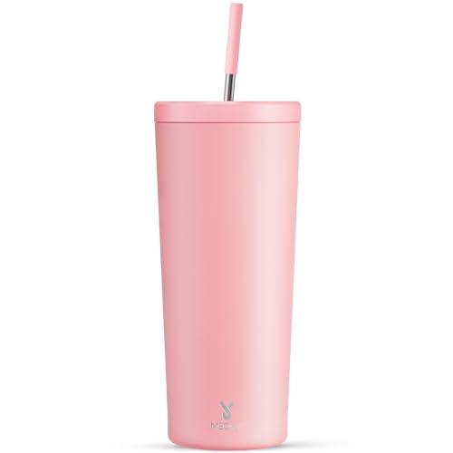 Meoky 24 oz Insulated Tumbler with Lid and Straw, Stainless Steel Vacuum Insulated Tumbler, Keeps Cold for 24 Hours, 100% Leak Proof, Fits in Car Cup Holder (Blush)