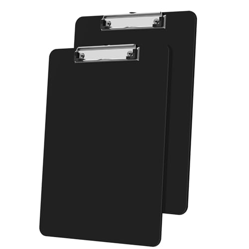 Macroclo Portapapeles de plástico negro, paquete de 2, tablero de clip de colores de 8.5 x 11 pulgadas para aula, estudiantes, niños, mujeres, portapapeles A4 de 9 x 12.5 pulgadas con clip de perfil
