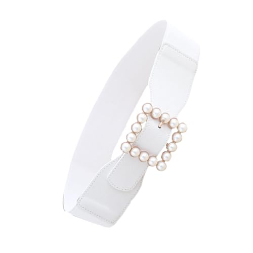 Ladies Elastic Pearl Waist Belt with Square Buckle Simple Cummerbund Skirt Ornament for Dresses and Outfits White