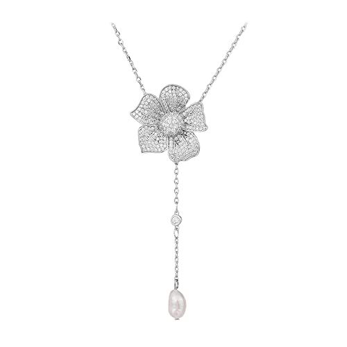 Crystal Flower Drop Y Necklace for Women Cubic Zirconia Diamond Shell Pearl Charms Pendant Choker Chain Adjustable Fashion Shiny Wedding Birthday Anniversary Jewelry Gift Box