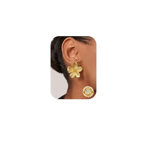 Chriscoco Pendientes Plata de Ley 925 Aguja Elegante Flores Pendientes Mujer Chapados en Oro de 14K Declaración Hipoalergenicos de Flor Pétalo Ligero Grande Pendiente Mujer