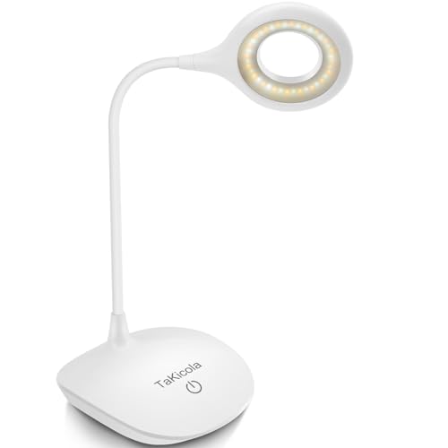 TaKicola LED Desk Lamp with Flexible Gooseneck, Cordless Rechargeable, 3 Color Modes, Dimmable, Stepless Touch Control, Portable Eye-Caring Table Lamp for Office Home Bedroom, White