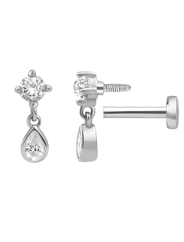 Sterling Silver 925 Flat Back Earring for Women 1PC 16G Helix Piercing Jewelry Dangle Cartilage Earring Internally Threaded Tragus Forward Conch Stud CZ Ear Ring 8mm Gifts