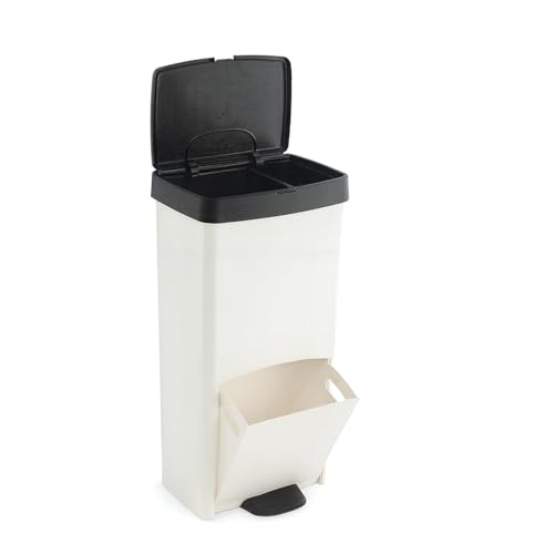 Cubo de basura o reciclaje 70L, VERTICAL, en 2 Compartimentos, Papelera para residuos, 76 cm de altura, fácil gestión, en NEGRO