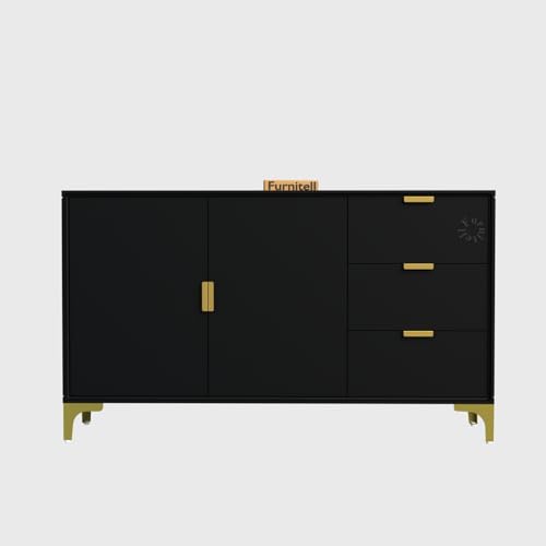 Image of Wooden Sideboard Cabinet for Living Room & Bedroom | Wooden Storage Cabinet with 2 Doors & 3 Drawers Storage | Large Storage Organizer /Cupboard | HDMR Premium Wood | Gold Metal Legs (Black)