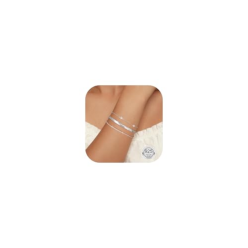 CASSIECA Pulseras de Plata de ley para Mujeres Señoras Pulseras Plata Esterlina en Capas Cadena de Serpiente Pulsera Ajustable Apilable Cadena Pulseras Joyería Regalos para las Mujeres Niñas