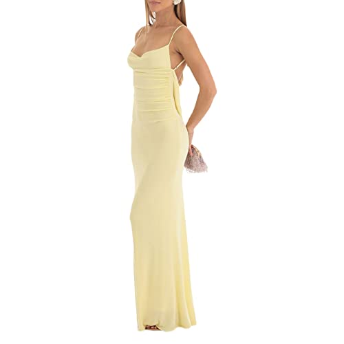 Image of Owl's-Yard Women Bodycon Long Dress Solid Color Spaghetti Strap Cocktail Dress Summer Party Backless Sling Dress