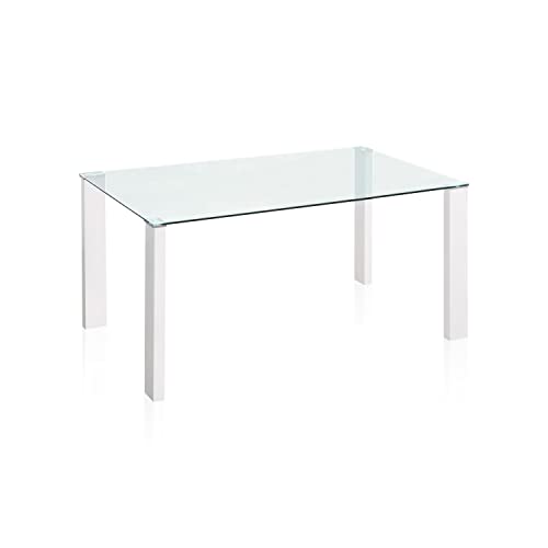 duehome | Mesa de Comedor Fija, Mesa Salon o Cocina, Modelo Valya, Acabado en Blanco Brillo y Cristal Templado, Medidas: 150 cm (Largo) x 90 cm (Ancho) x 75 cm (Alto)