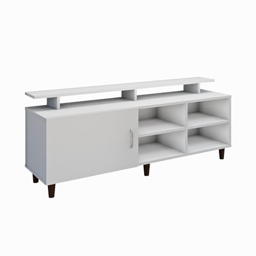 Image of VIKI Modern TV Unit for Living Room | Engineered Wood TV Cabinet with 1 Door Storage, 2 Open Shelves & Extension, Entertainment Unit, 140W x 48H x 40D cm | DIY | 1 Year Warranty (White)