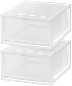 IRIS USA 30 Qt. Plastic Drawer Storage Organizer Stacking Drawers, 2-Pack, Stackable Unit with Sliding Drawer for Clothes Bedroom Kitchen Under Sink Pantry Craft Room Bathroom Dorm Office, White