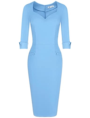 Muxxn MX-8931-AIRY BLUE-L Women'S Comfy Bandage Sheath Formal Wear To Work Dress Button  thumb #2