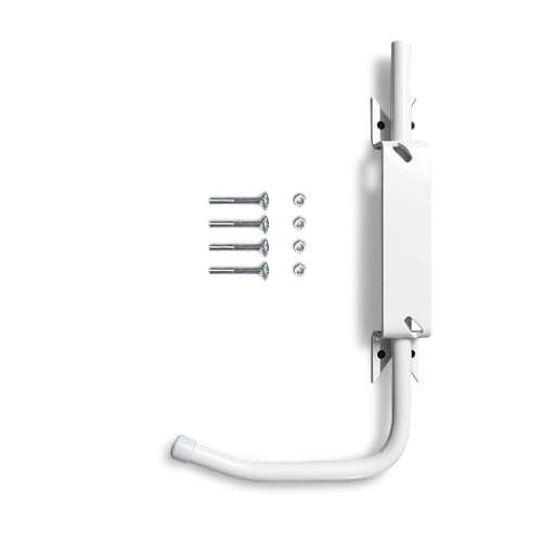 Bloque contraventana izquierda blanco: parada de persiana con asa para abrir y cerrar fácilmente todas las contraventanas abatibles sin colgarse. Bloqueo de las contraventanas abiertas. Facilidad y seguridad a diario. Lado izquierdo vista del interior. Contraventana que abre hacia la izquierda.
