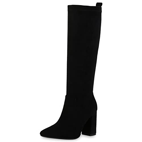 VAN HILL Damen Klassische Stiefel Basic Schuhe Spitze Blockabsatz Freizeitstiefel Veloursleder-Optik Absatzschuhe 210062 Schwarz Velours 37