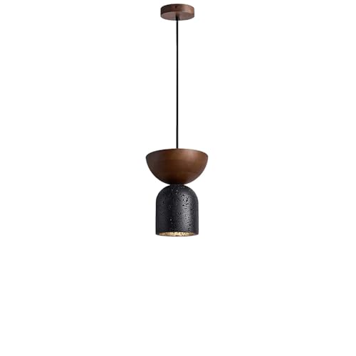 KBUUKYYXouy Modern Minimalist Pendant Light, Two-Tone Dark Wood Bowl & Black Volcanic Stone Arch Hanging Lamp, Unique Organic Geometric Ceiling Fixture for Kitchen Island, Dining Room, Bedroom, Foyer