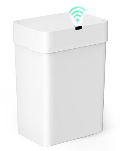Cesun Bathroom Trash Can with Lid, 4 Gallon Motion Sensor Garbage Can Automatic Touchless Trash Cans, Slim Plastic Smart Waste Basket for Bedroom, Office, Living Room, White