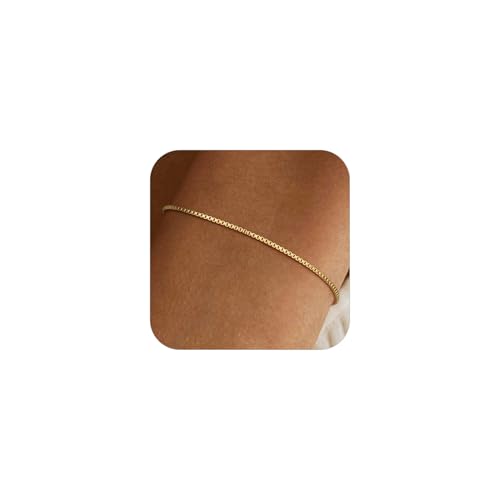 SLOONG Gold Bracelets for Women Trendy, 14K Real Gold Plated Dainty Stackable Simple Box Chain Bracelets, Layered Waterproof Jewelry Gift for Women Adjustable 6'+2'