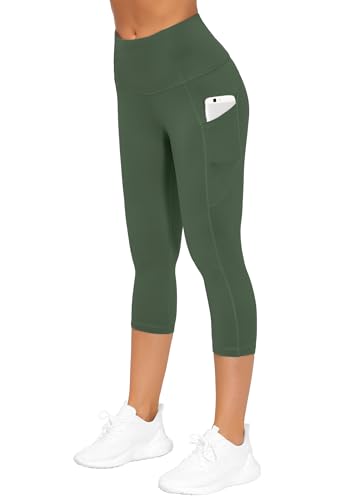 Image of THE GYM PEOPLE Thick High Waist Capris Yoga Pants with Pockets, Tummy Control Workout Running Yoga Leggings for Women