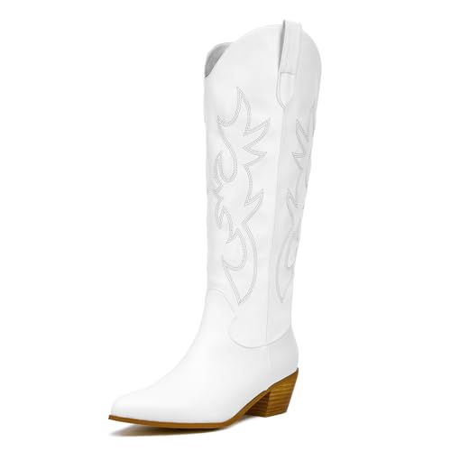 RKQ Women's White Embroidered Knee High Cowboy Boots Western Pointed Toe Chunky Block Heel Pull On Tall Cowgirl Boot Classic Sexy Party Wedding