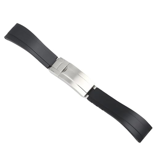 Bracelet montre silicone noir 20mm boucle argentée à bout incurvé