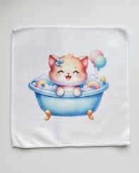 Kids Bath Wash Towel with Cute Kitten Bubble Bath Design, Soft & Absorbent, Handmade, White