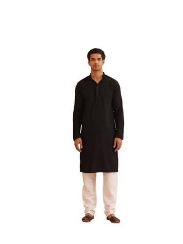 Sojanya (Since 1958 Men's Cotton Embroidered Thread Work Black Kurta With White Churidar Pyjama