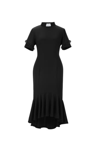 Mambabacosp Womens Short Sleeve Church Dress Clergy Tab Insert Collar Fishtail Priestess Dress (US Alpha Large Regular Regular Black)