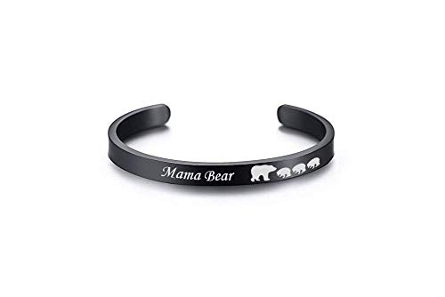 MZZJ Personalized Back Side Mama Bear with 3 Cubs 6MM Polish Stainless Steel Cuff Bangle Bracelet for Mom from Son Daughter,Bithday Mother's Day Thanksgiving Day Gift for Mom from Son Daughter,Black