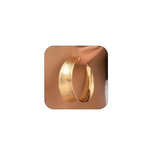 GlamRays Pendientes de Oro Macizo para Mujer, Aros de Plata Anchos Planos Grandes, Joyas Dorado L