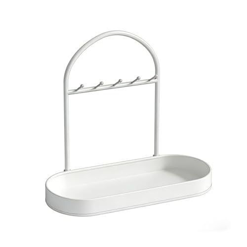 Image of YEFENGRHUI Key Holder Stand with Tray, Metal Entryway Key Organiser with Jewellery Dish, Valet Tray with 5 Hooks for Hallway, Bedroom or Desk (White)