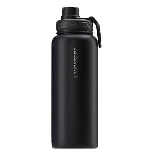 Wessper Botella Agua Acero Inoxidable 1L Botella Termica Sin BPA con 3 Tapones | Negro Elegante Botella Resistencia al Rayado, fácil de Limpiar | Termo Agua Fria/Caliente para Niños Adultos