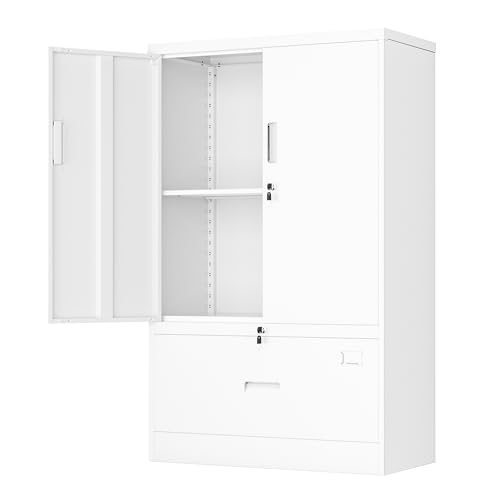 Image of INTERGREAT Metal Storage Cabinet with Drawer,52 inch H*32 inch W*16 inch D File Cabinets,Steel Locking Storage Cabinet with Doors and Shelves for Home,Office,Garage,School,Fit A4 /Letter /Legal File (White)