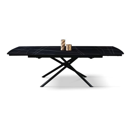 PAZZO DESIGN Table extensible Vito en céramique noire Sahara, pieds tubulaires noirs pour cuisine et salon 140 x 90 x 75 cm