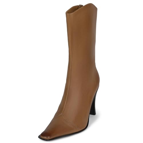 Tight Heeled Boots For Women Snip Toe Boot Mid Calf Block Heel Zip Boots Fashion Party Dress Shoes
