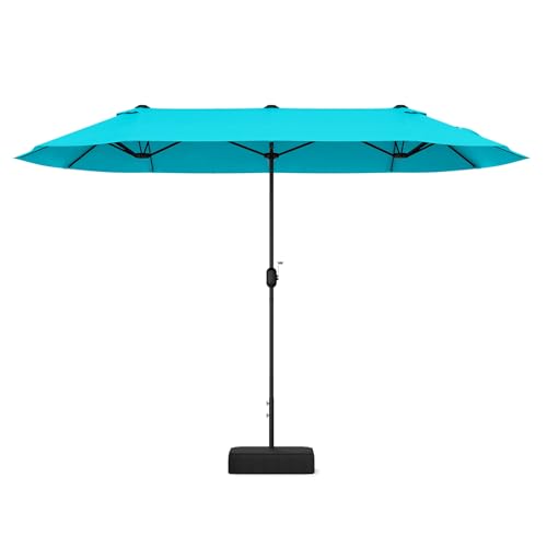 FANTASK Grand parasol double - Avec manivelle et support - Parasol de marché d'extérieur - Avec bande de fixation - 400 x 200 cm - Turquoise, Turquoise., 400 x 200 cm, Moderne